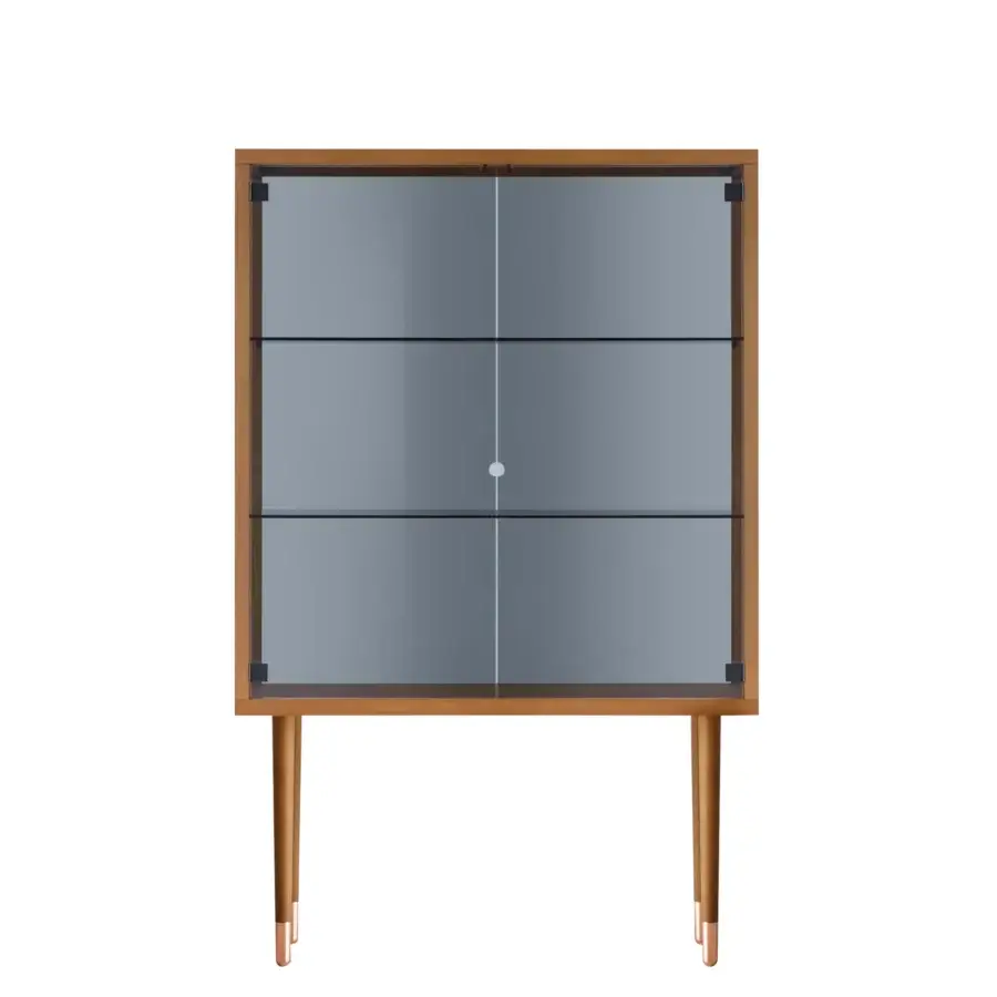 Exceptional Miniforms Juno bar cabinet with light brown wood and gray-tinted glass doors built with tapering legs and copper-colored feet