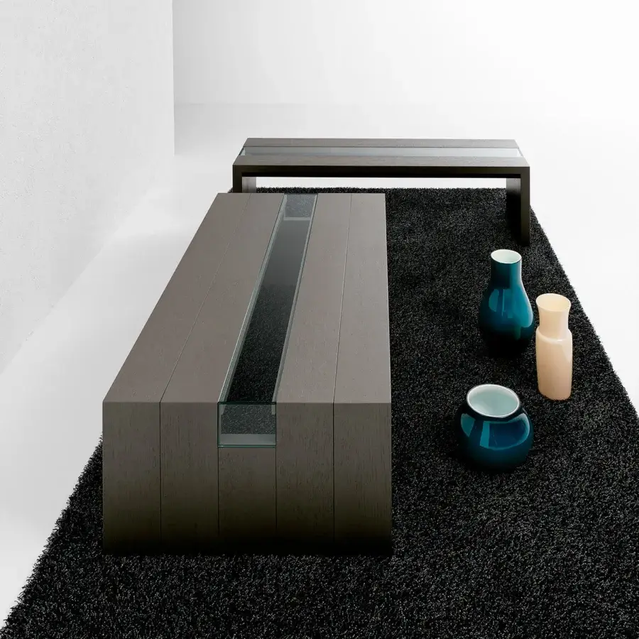 Distinguished Bross 2872 coffee table with dark matte wood and transparent glass creating a striking material interplay