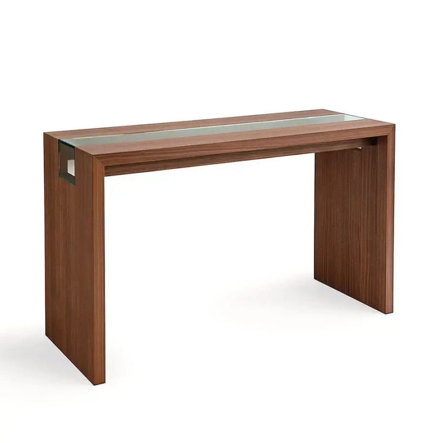 Distinguished Bross 2876 console with wood frame and transparent glass insert in a medium-toned brown finish