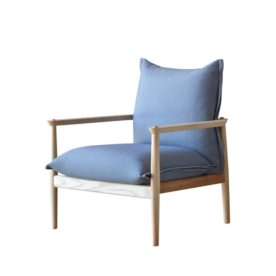Exceptional Miniforms Sergia lounge chair crafted in light-toned wood with striking blue textured textile cushions