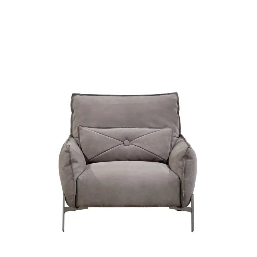 Distinguished Cierre1972 Tulip lounge chair with muted gray textile upholstery and raw-cut seams embodies sophistication with button-tufting details