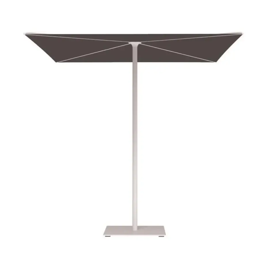 Sophisticated Royal Botania Oazz umbrella with dark gray square canopy and matte white coated aluminum pole and frame