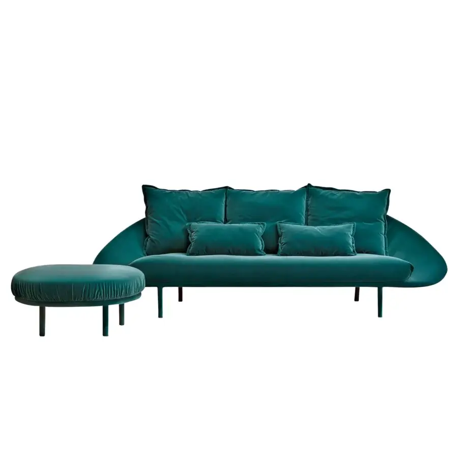 Superior Miniforms Lem sofa with enveloping silhouette upholstered in teal textile and short dark legs