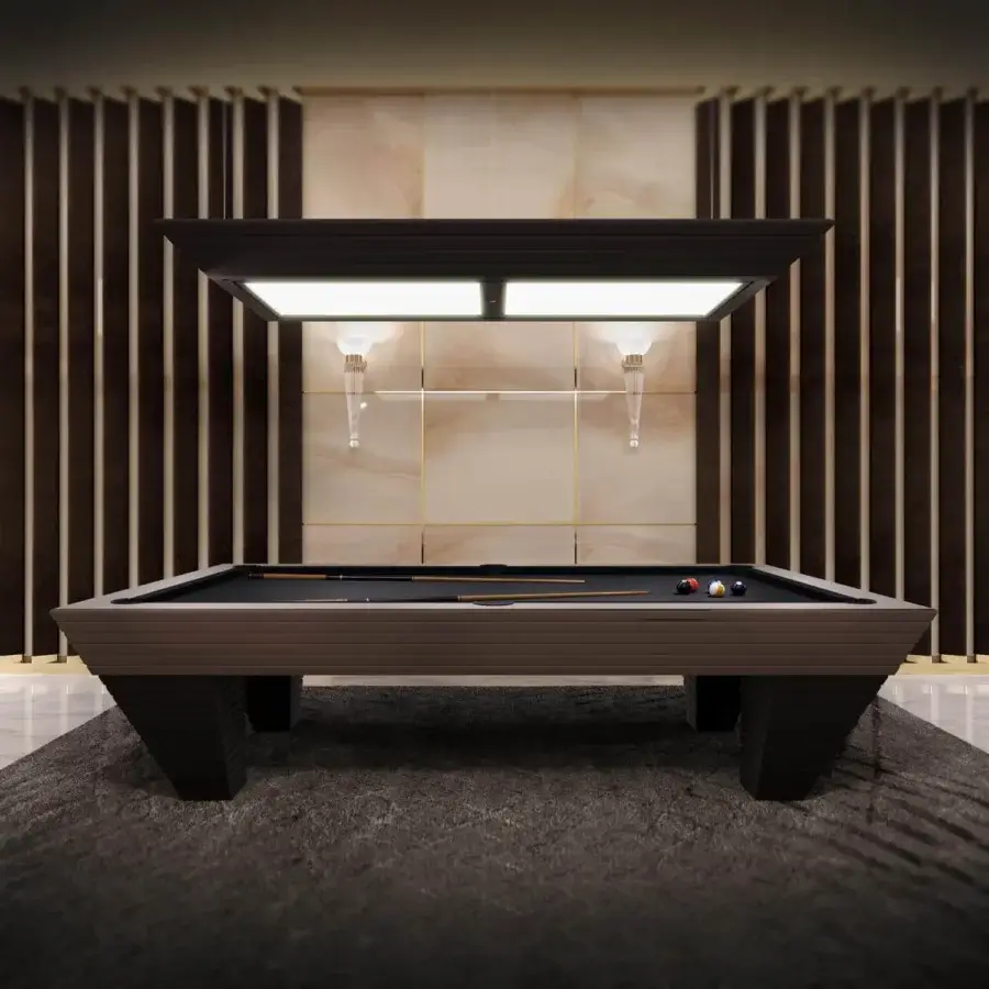 Distinguished Vismara New Desire pool table with geometric silhouette and black lacquered wood framework built with smooth Simonis pool cloth