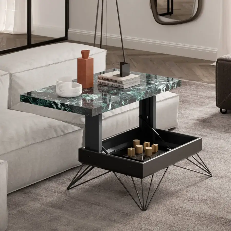 Elegant Ozzio Italia Radius lift top coffee table with green, black, and white marble glass and sleek black metal frame
