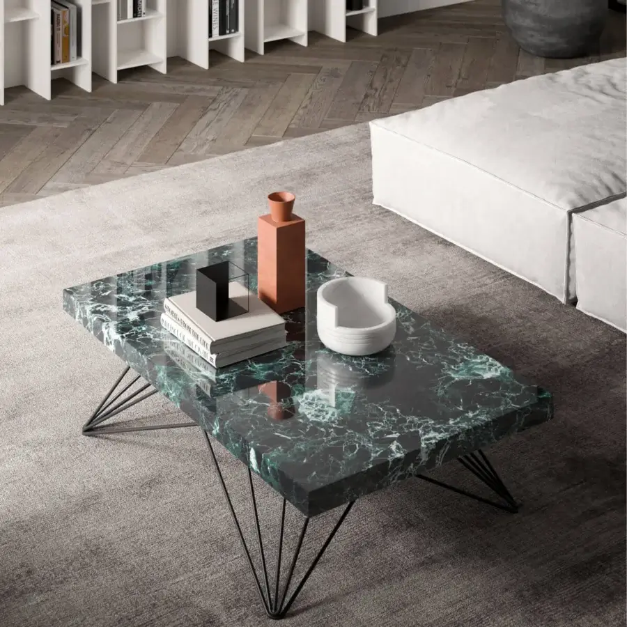 Distinguished Ozzio Italia Radius lift top coffee table with dark green marble glass and matte black metal hairpin legs