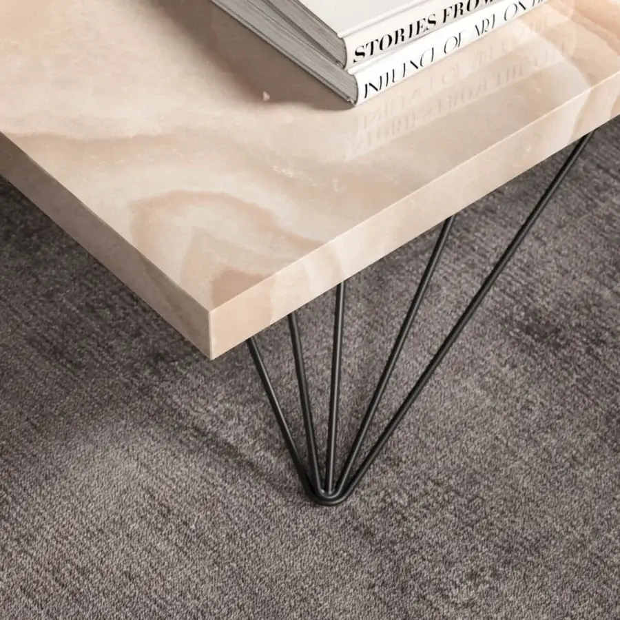 Superior Ozzio Italia Radius lift top coffee table in creamy marble glass with sleek black metal hairpin legs