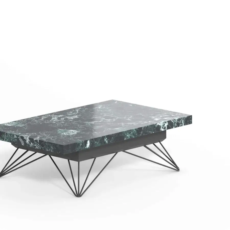 Exceptional Ozzio Italia Radius lift top coffee table with light green veined marble glass and dark metal geometric base