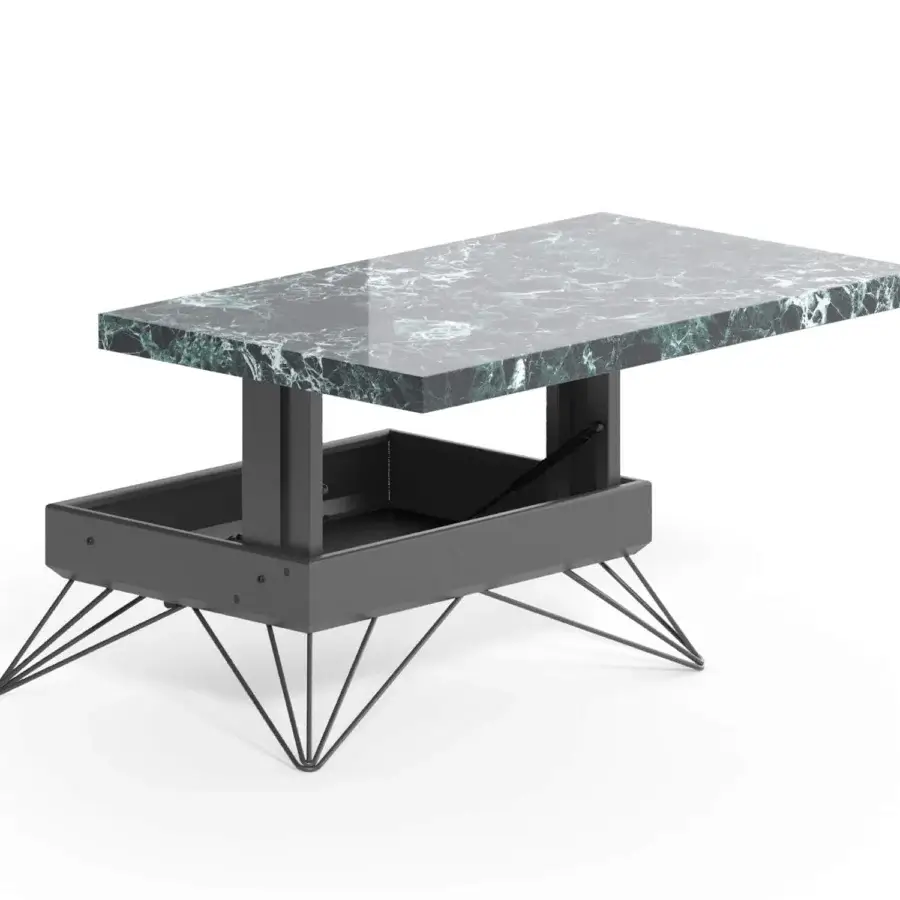 Elegant Ozzio Italia Radius lift top coffee table with green and white marbled glass and dark gray metal structure built with a matte finish
