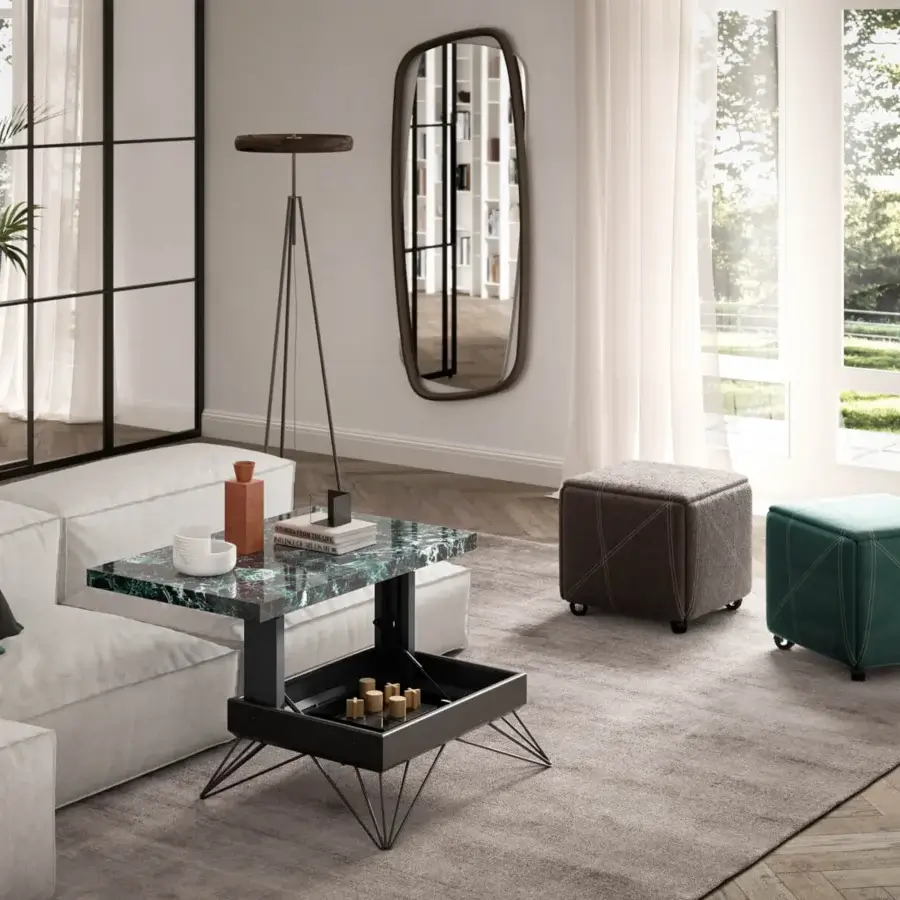 Distinguished Ozzio Italia Radius lift top coffee table with a sleek marble glass top and black metal structure built in Italy