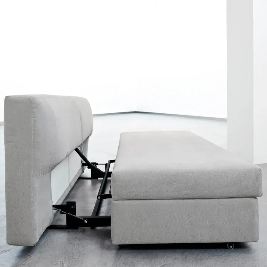 Distinguished Horm Vulcano sofabed with removable light gray fabric upholstery and matte finish for adaptable single, double, or twin bed configurations