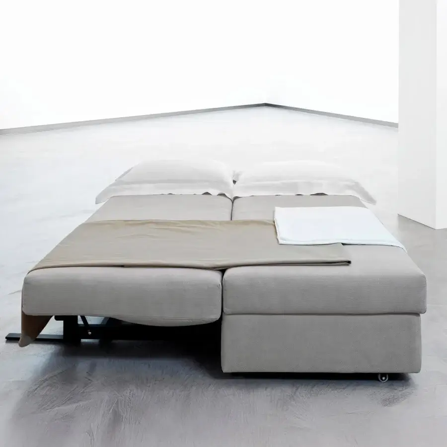 Captivating Horm Vulcano sofabed with light gray matte textile upholstery and a dark metal frame built for versatile configurations