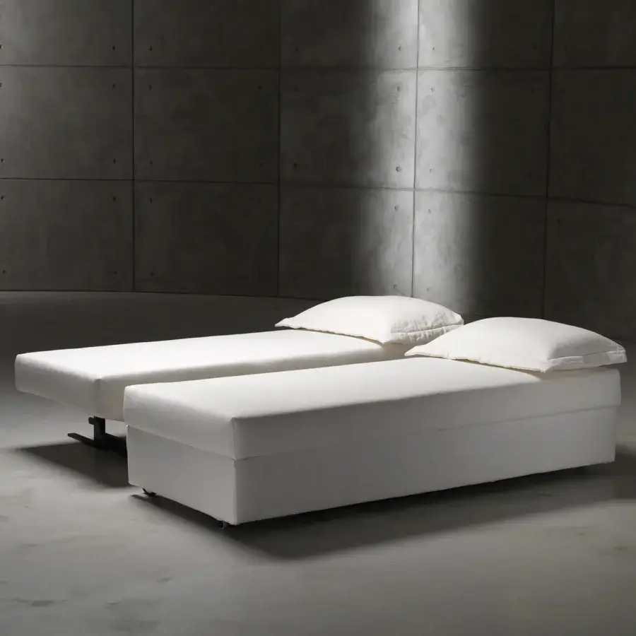 Superior Horm Vulcano sofabed with white textile upholstery transforming into single or double beds including polyurethane mattresses