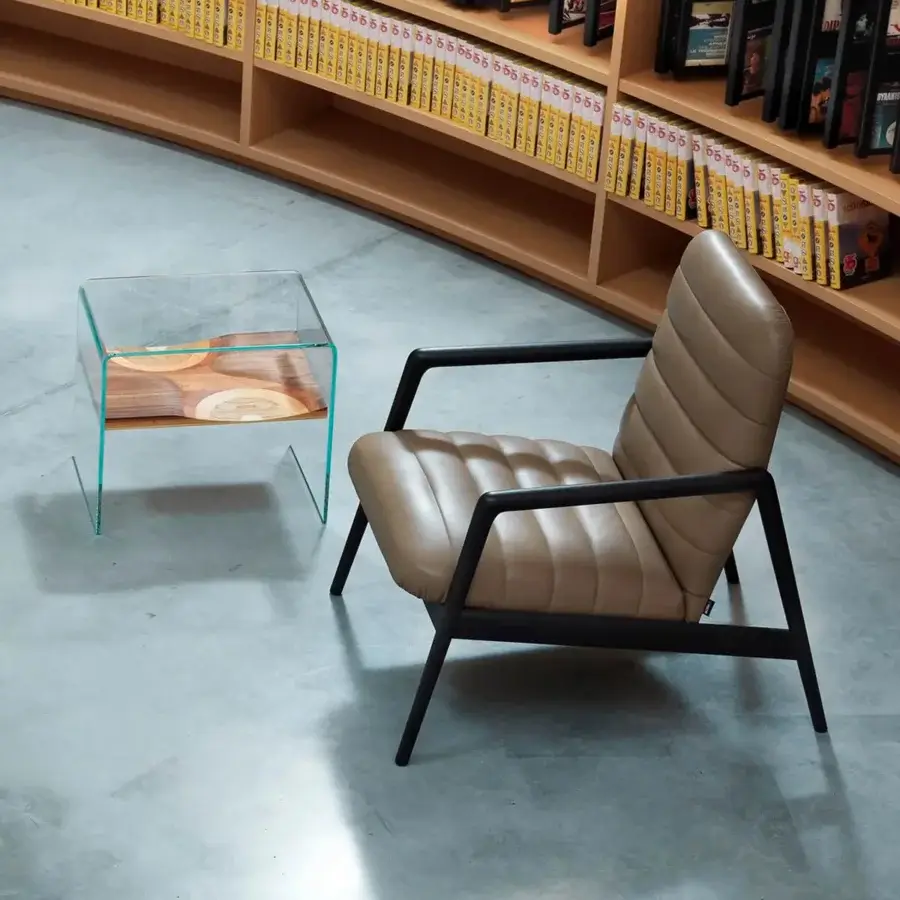 Distinguished Horm Carnaby lounge chair with tan fabric upholstery and dark wooden base exhibiting strong Scandinavian appearance