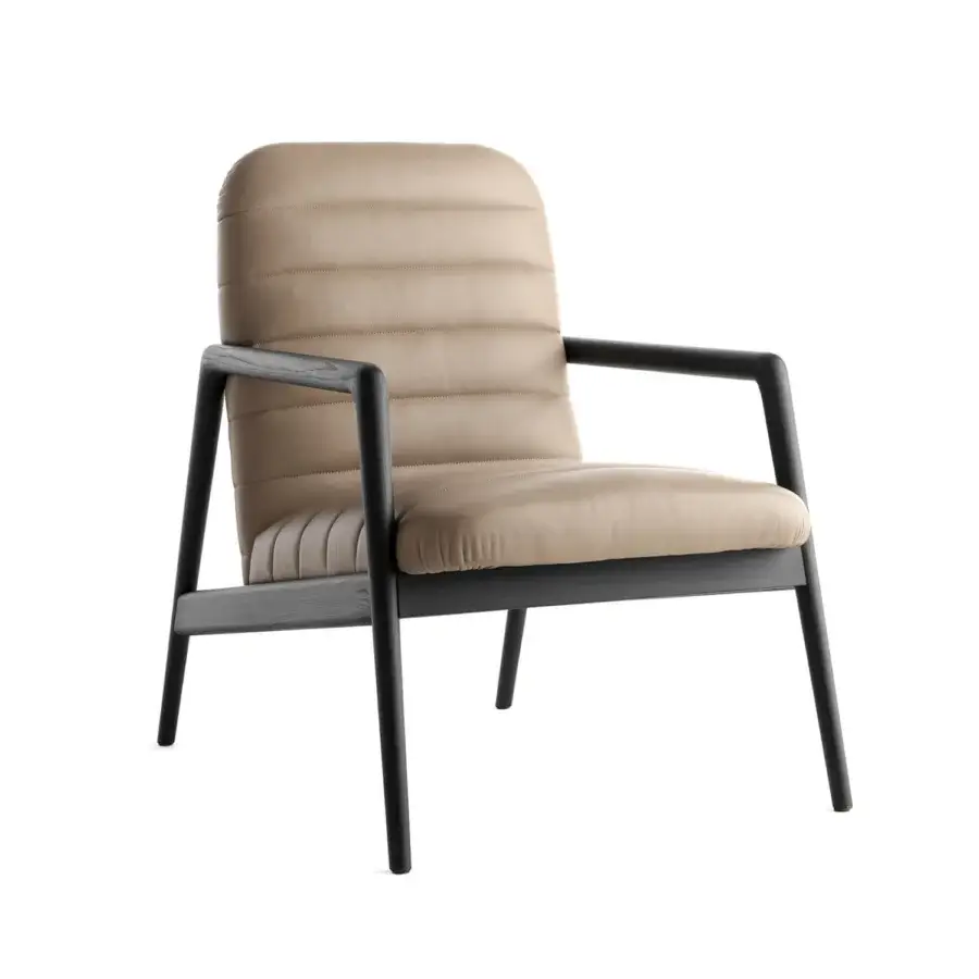 Lavish Horm Carnaby lounge chair with beige fabric upholstery and dark-toned wood built with a matte finish