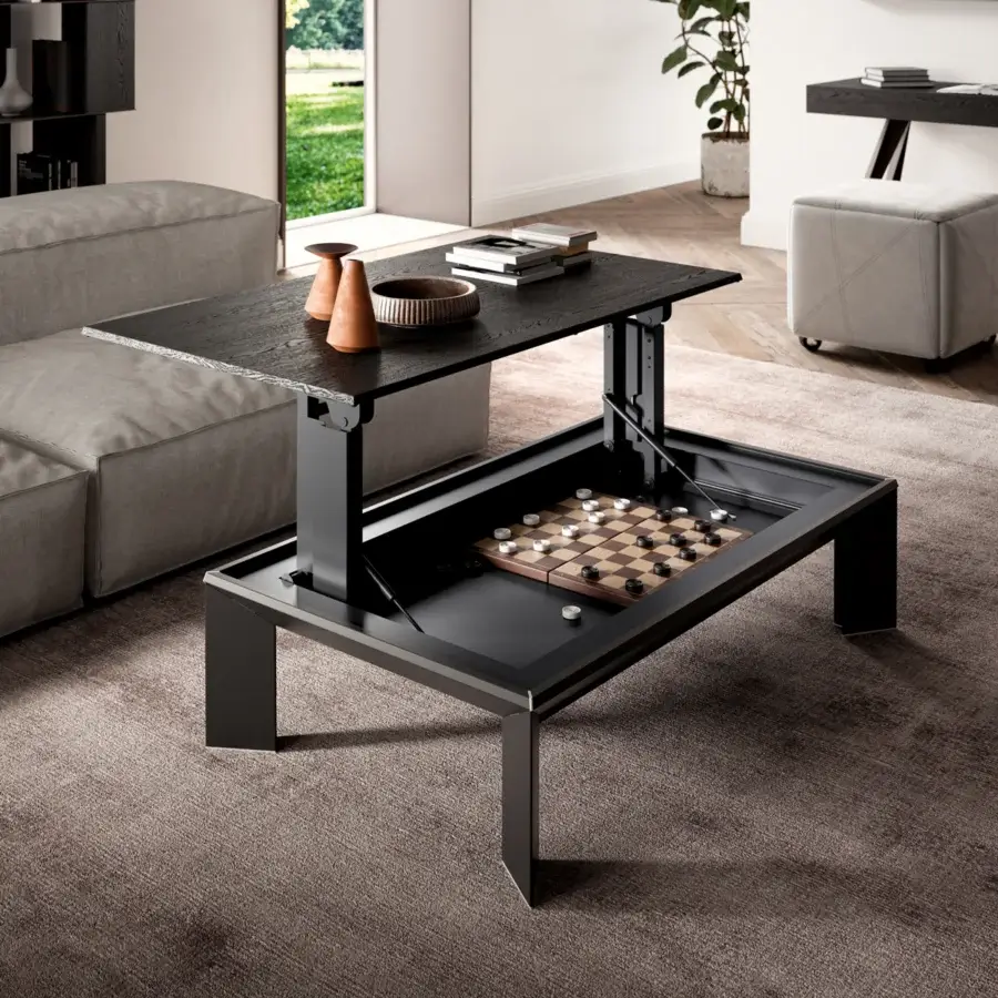 Elegant Ozzio Italia Metrino coffee table with dark wood and metal built in a self-braking lift mechanism for hidden storage