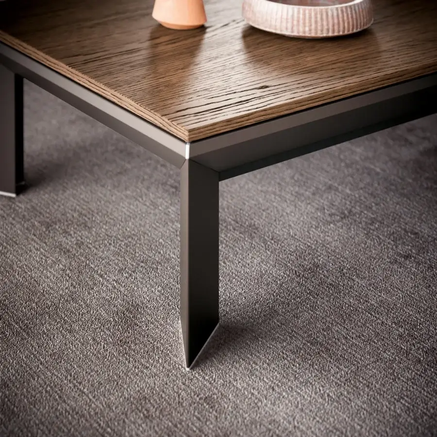 Distinguished Ozzio Italia Metrino lift top coffee table in wood with visible grain and matte finish, built with a dark gray metal structure