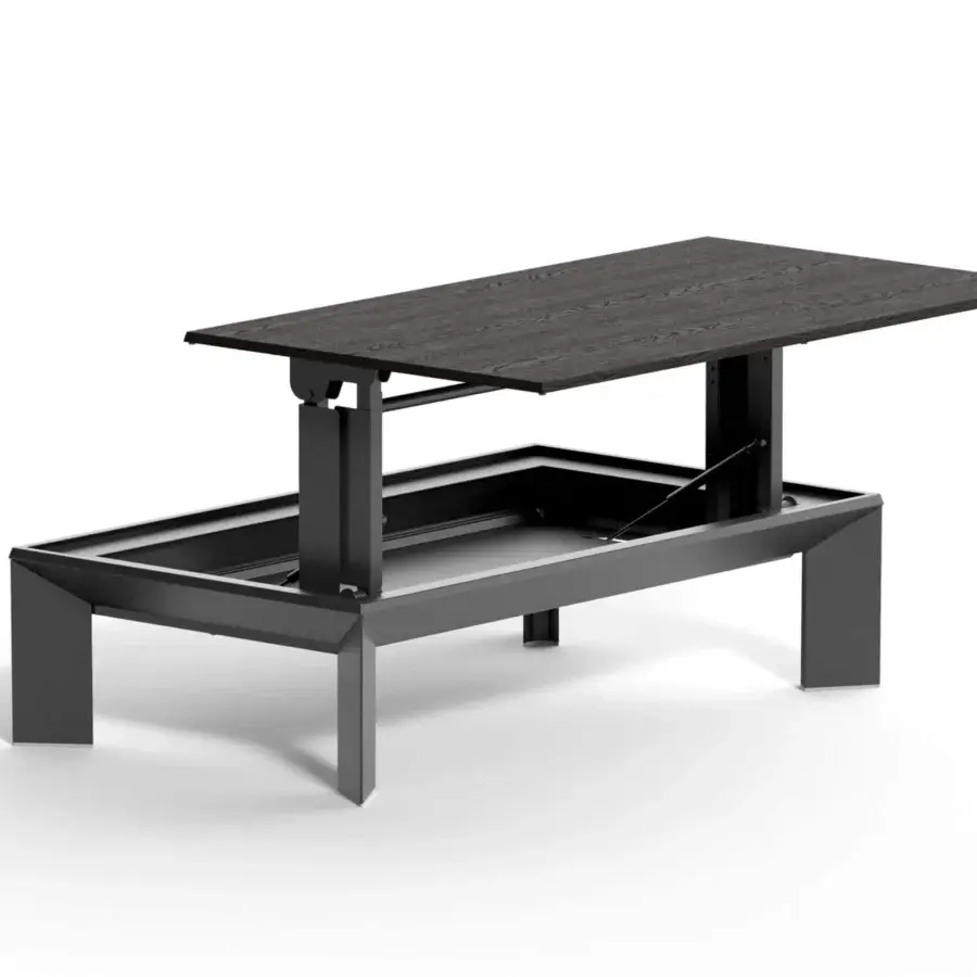 Superior Ozzio Italia Metrino lift top coffee table with wood grain finished top and sleek metal structure