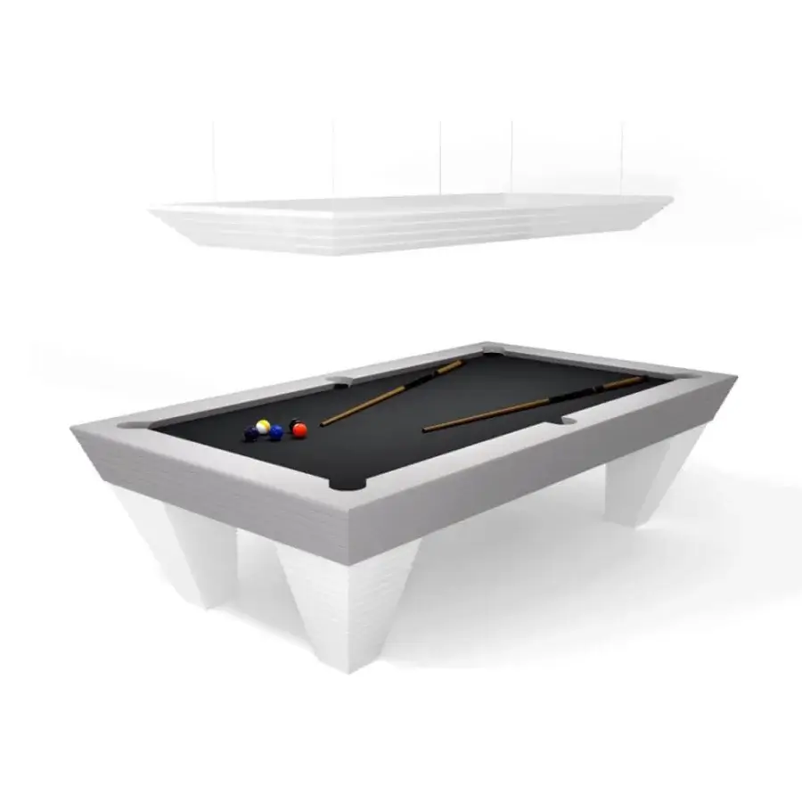 Distinguished Vismara New Desire pool table crafted with a light gray lacquered solid wood frame and dark Simonis cloth playing surface