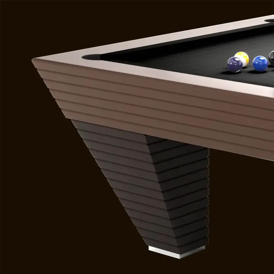 Exceptional Vismara New Desire pool table with a solid wood framework and lacquered edges exhibiting medium brown tones with a smooth slate slab