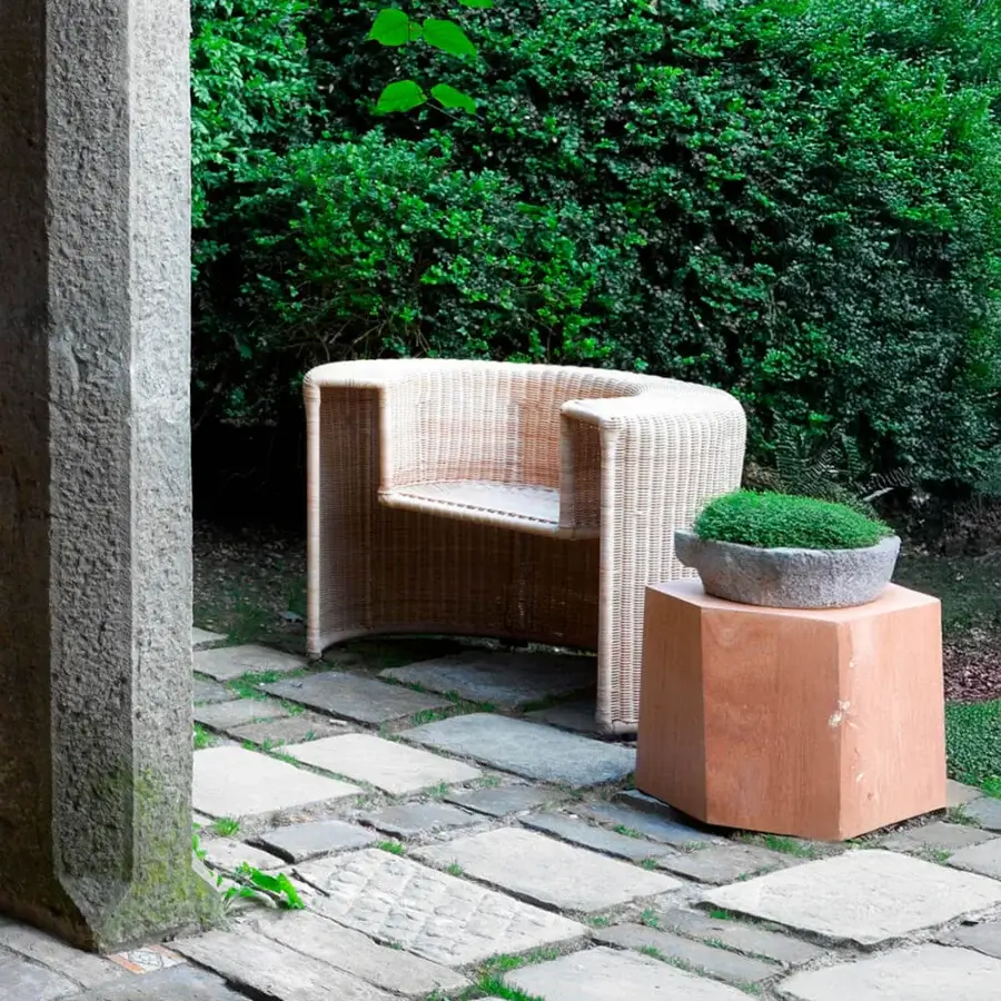 Distinguished Horm Hexagon side table crafted in okume wood with a light brown finish and interlocking geometric form