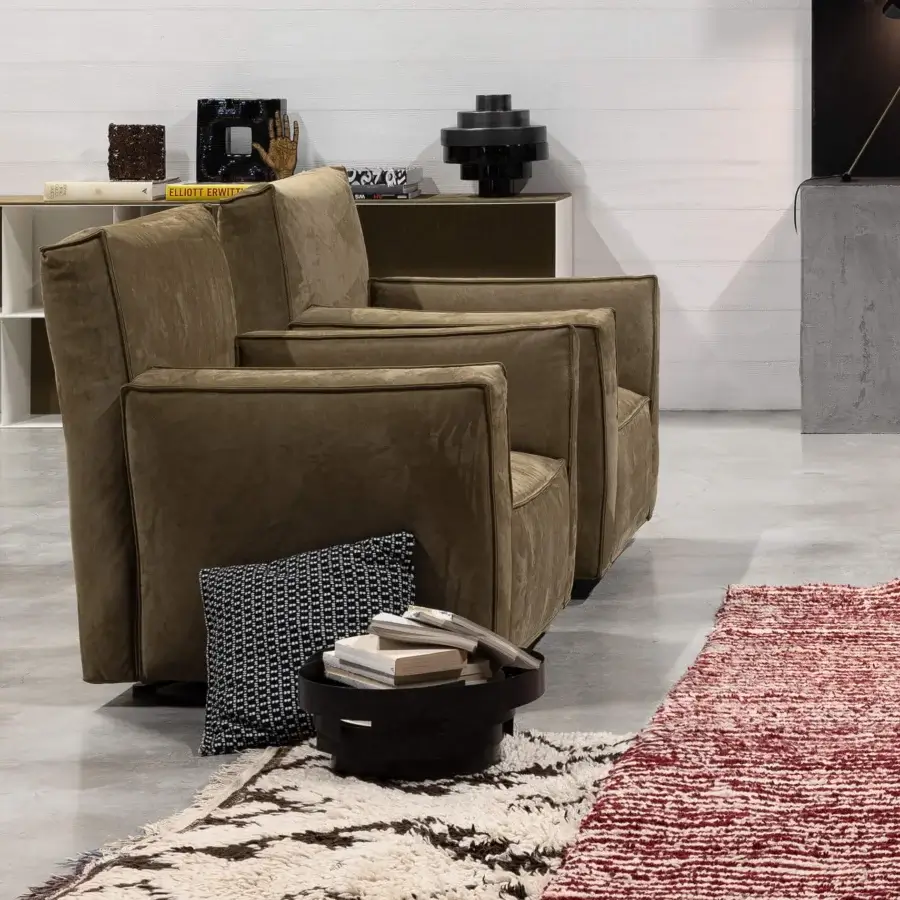 Exceptional Cierre1972 Season lounge chair with muted olive-brown textile upholstery and matte finish