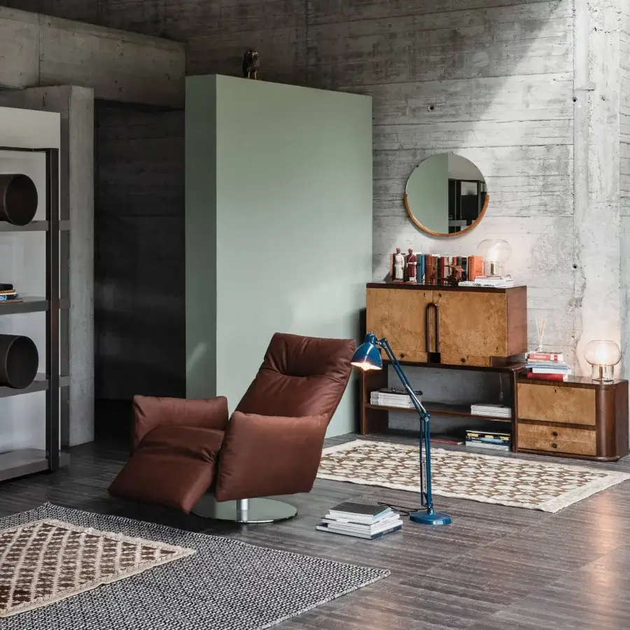 Distinguished Cierre1972 Cloud swivel lounge chair in smooth deep brown leather with electric reclining and supportive high backrest