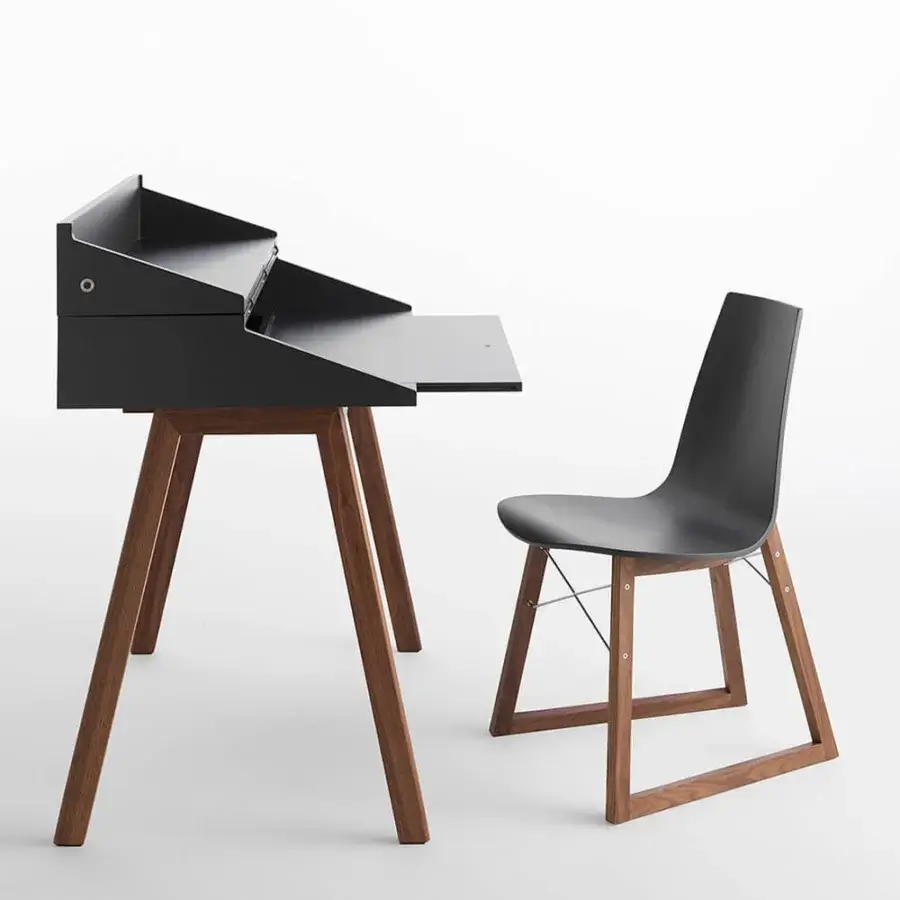 Superior Horm Ray chair with curved black molded seat and back built with a satin wood frame and chrome-plated steel cross-bars