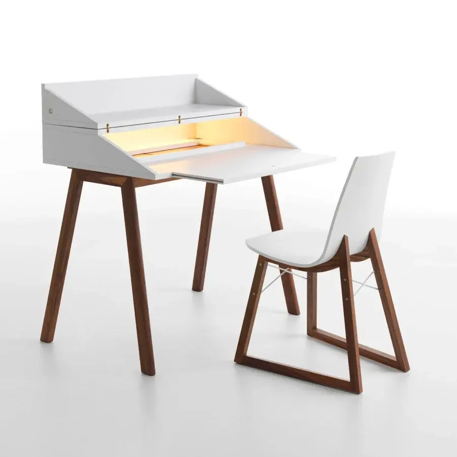 Elegant Horm Ray chair with curved white lacquered plywood and a solid premium wood base built with chrome-plated steel cross-bars