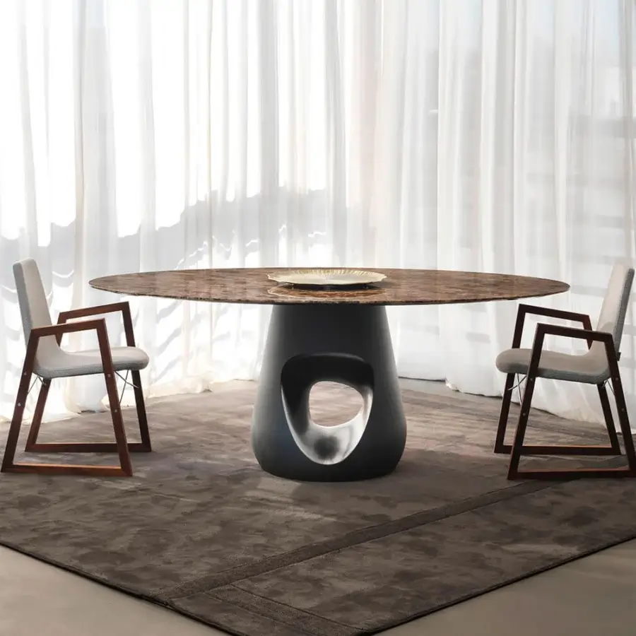 Sophisticated Horm Ray armchair with light gray textile upholstery and smooth medium brown wood frame built with chrome-plated steel details