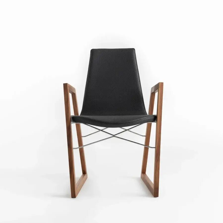Exceptional Horm Ray armchair with curved black leather upholstery and robust brown wood finish
