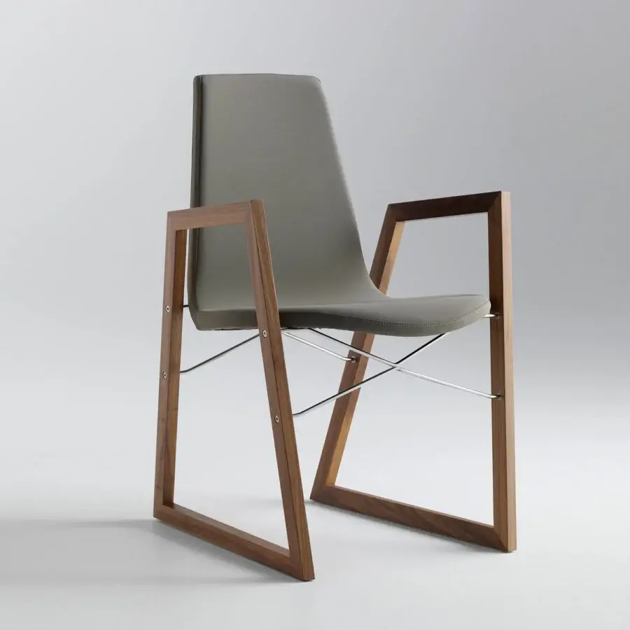 Distinguished Horm Ray armchair with curved gray textile upholstery and warm brown matte wood structure with chrome-plated steel support