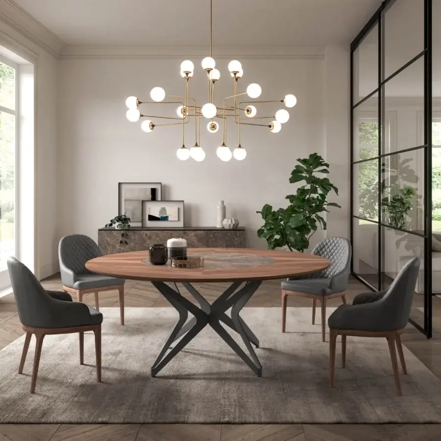 Exceptional Ozzio Italia DNA table with concentric shapes, a rotating ceramic inlay and a matte dark metal base crafted in Italy