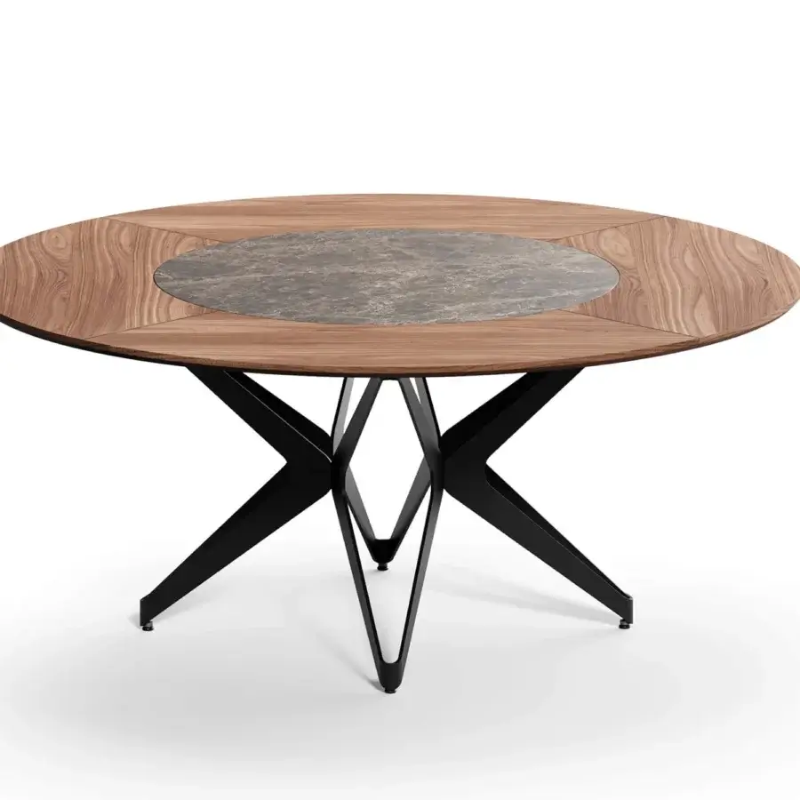 Captivating Ozzio Italia DNA table with a rotating ceramic Lazy Susan set in a wood-like tabletop and striking black metal base