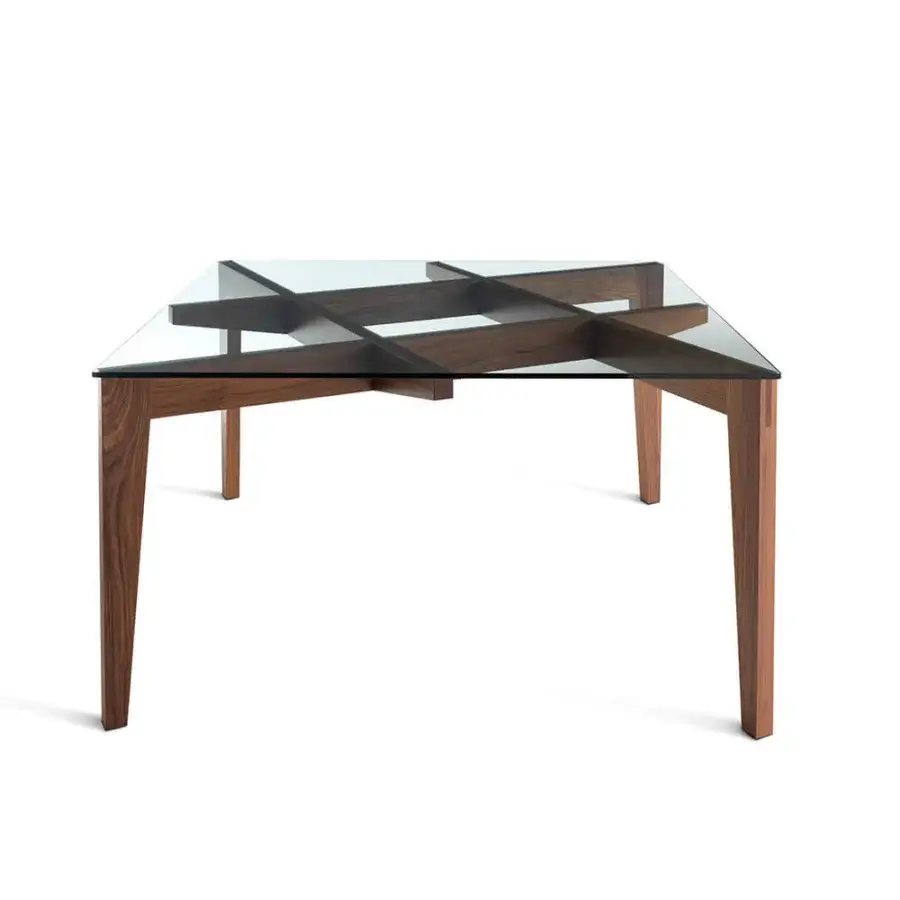 Exceptional Horm Autoreggente table with a self-supporting grid base and square glass top crafted in medium-brown wood