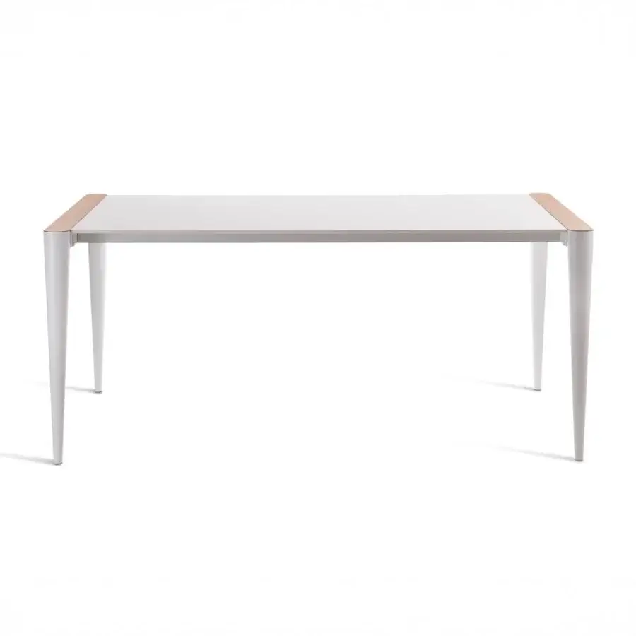 Superior Horm Bolero table with smooth white Fenix tabletop and matte white legs crafted with Canaletto walnut accents