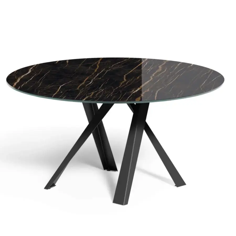 Superior Ozzio Italia Emisfero table with glossy dark marble-like glass top and matte black painted metal base