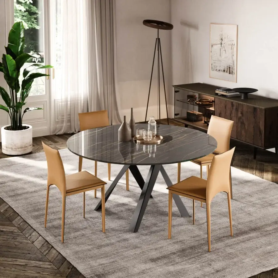 Elegant Ozzio Italia Emisfero table with dark swirling top and intersecting painted metal base crafted in Italy