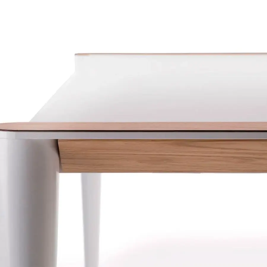 Elegant Horm Bolero Bistrot table crafted with Fenix top and delicate natural oak details exhibiting a glossy white finish