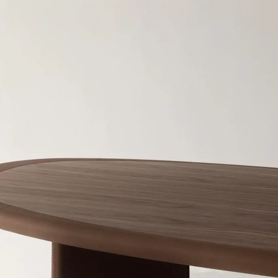 Exceptional Cierre1972 Zed desk crafted in Italy with medium brown wood and lighter brown leather enveloping a wooden top