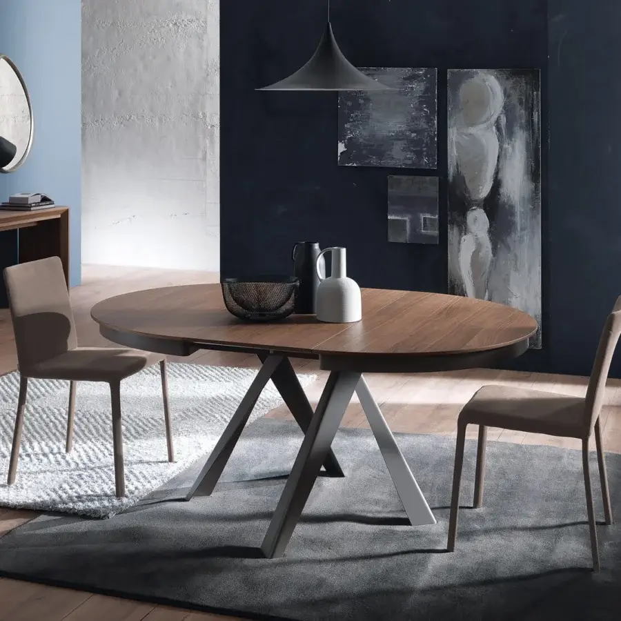 Elegant Ozzio Italia Emisfero extendable table with medium brown wood and two-toned metal base crafted in darker grey and lighter silver