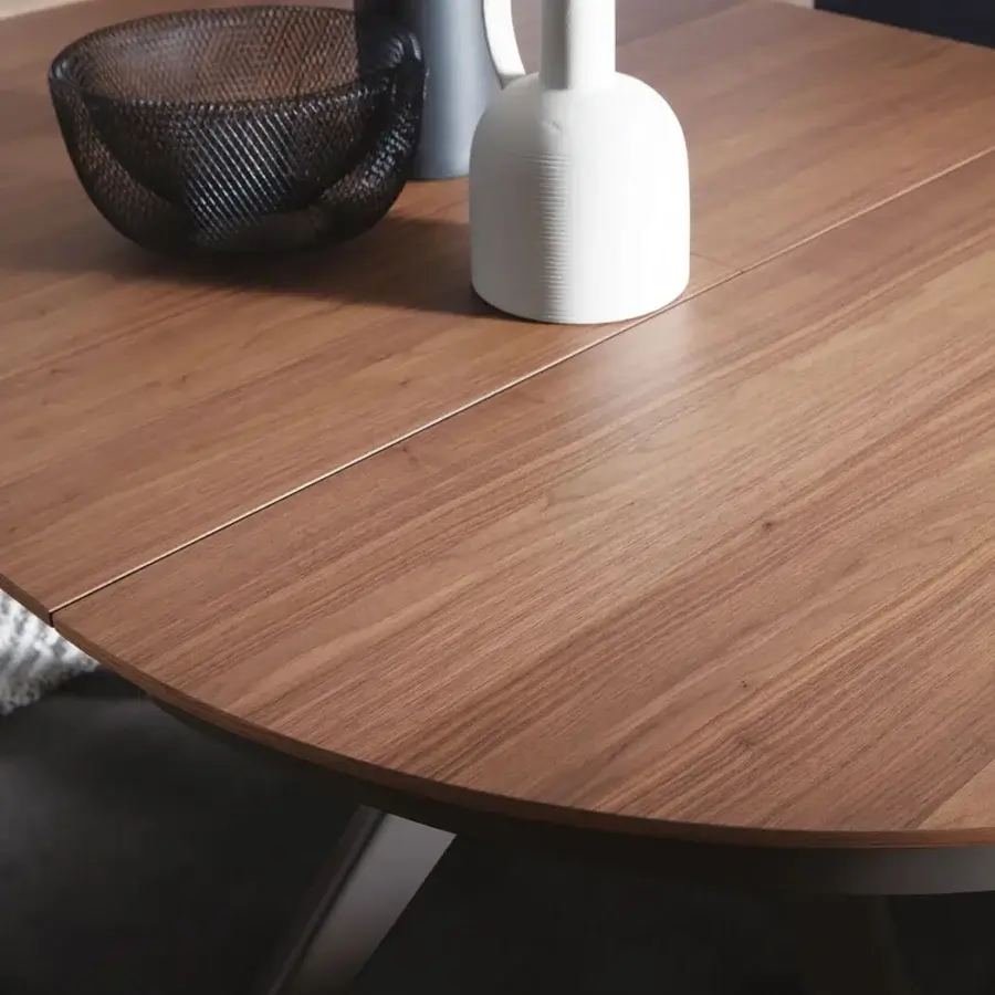 Refined Ozzio Italia Emisfero extendable table with warm brown wood top and matching leg structure crafted in Italy