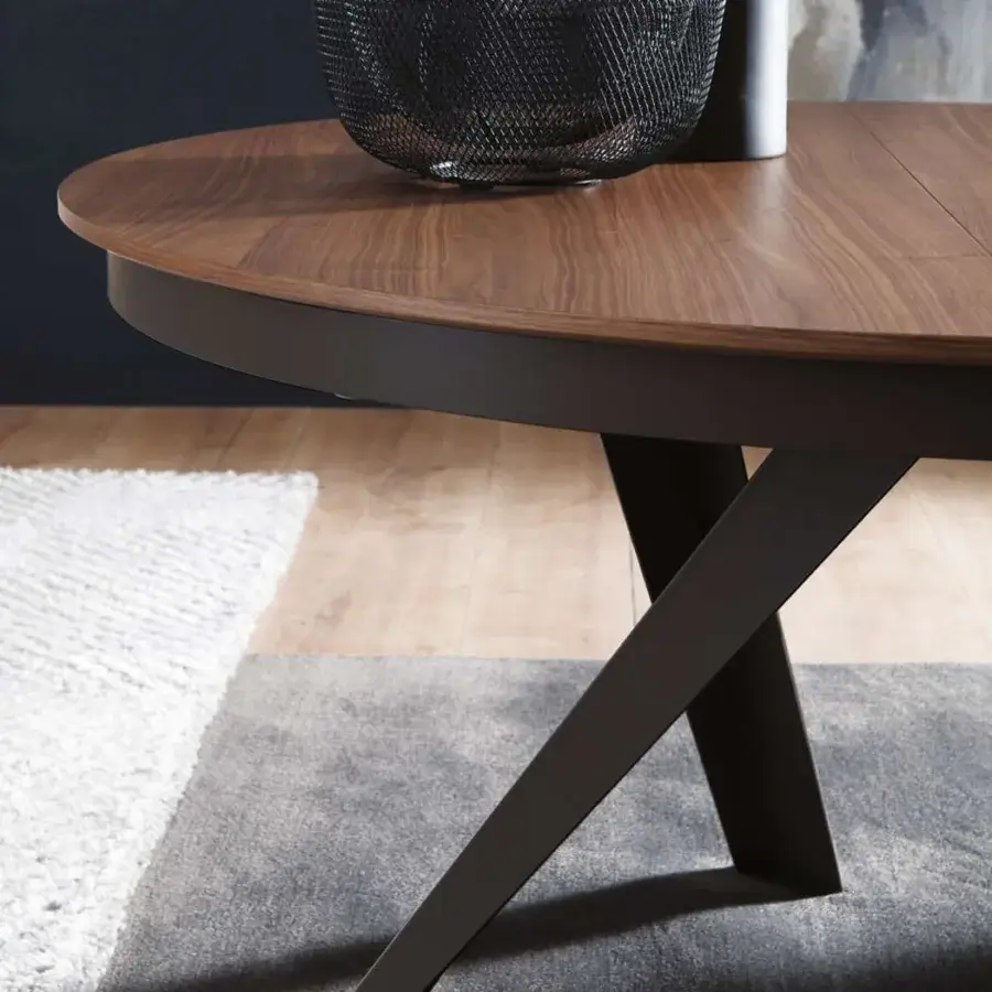 Superior Ozzio Italia Emisfero extendable table with dark brown wood grain and balanced metal base in smooth and matte finishes