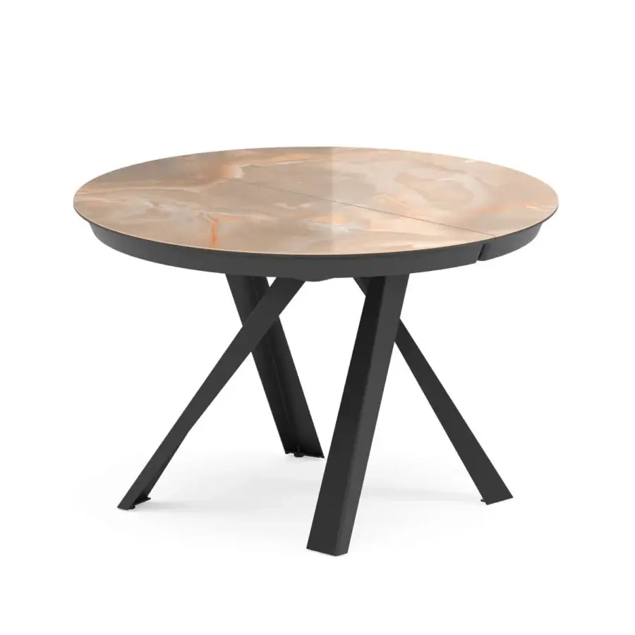 Elegant Ozzio Italia Emisfero extendable table with light beige and tan marble-look top in matte black metal finish