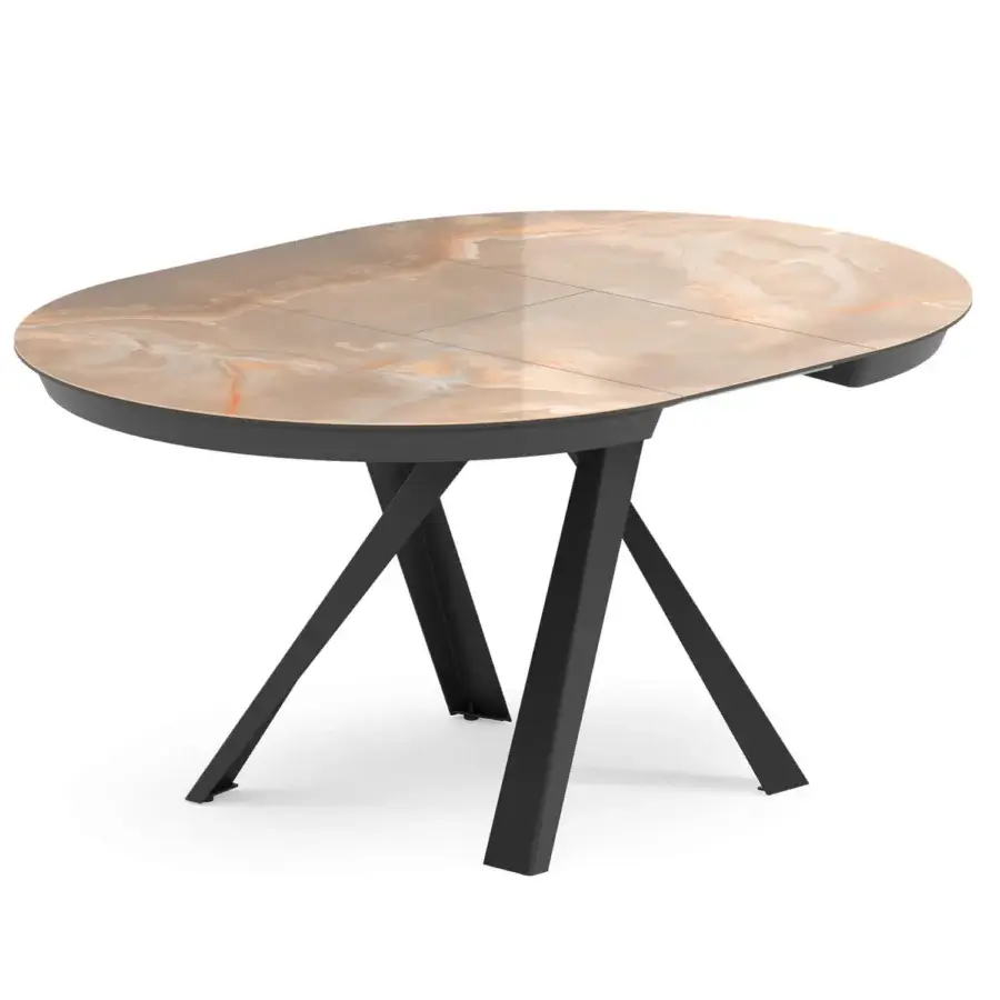 Refined Ozzio Italia Emisfero extendable table with beige marble-like top and matte black metal base