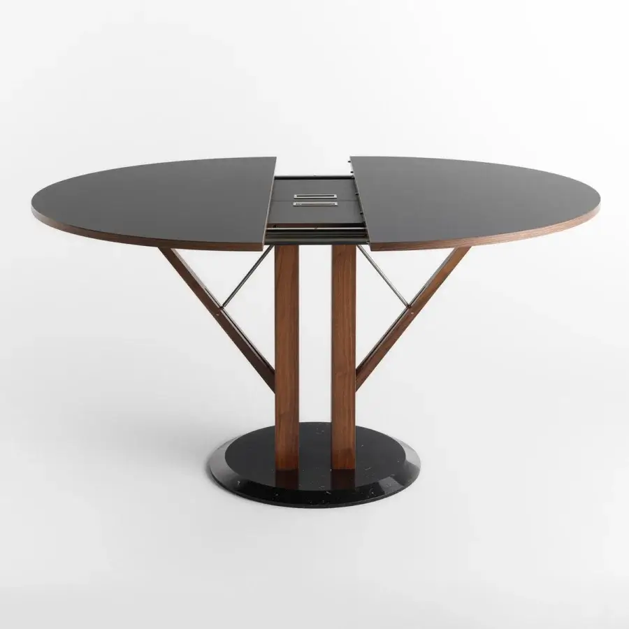 Elegant Horm Flower extendable table with glossy dark Fenix tabletop and solid Canaletto walnut legs built with a marble base