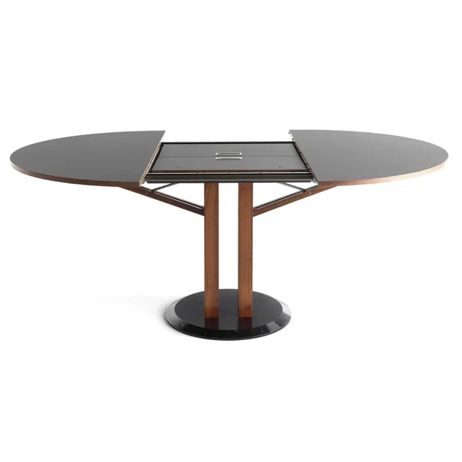 Distinguished Horm Flower extendable table with dark Fenix top, Canaletto walnut edging and a round marble base built with solid legs