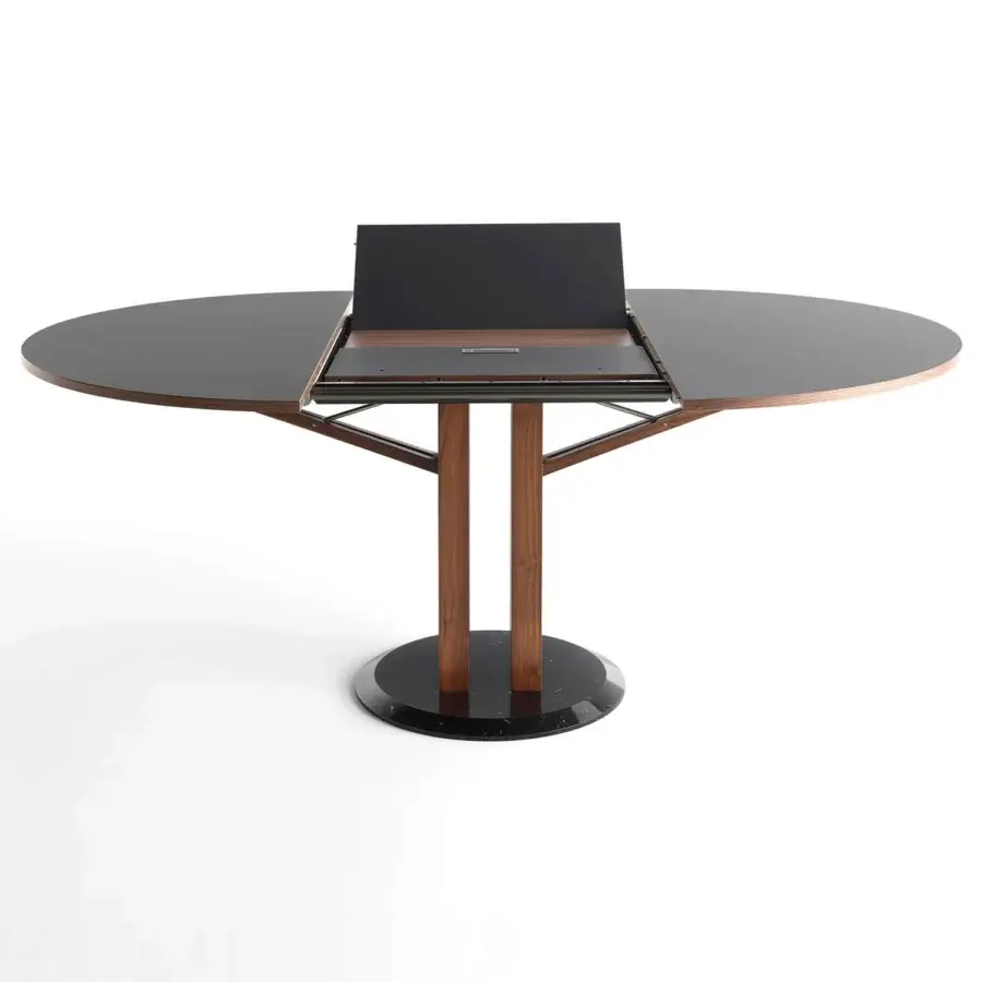 Exceptional Horm Flower extendable table with glossy dark Fenix top, Canaletto walnut legs and marble base