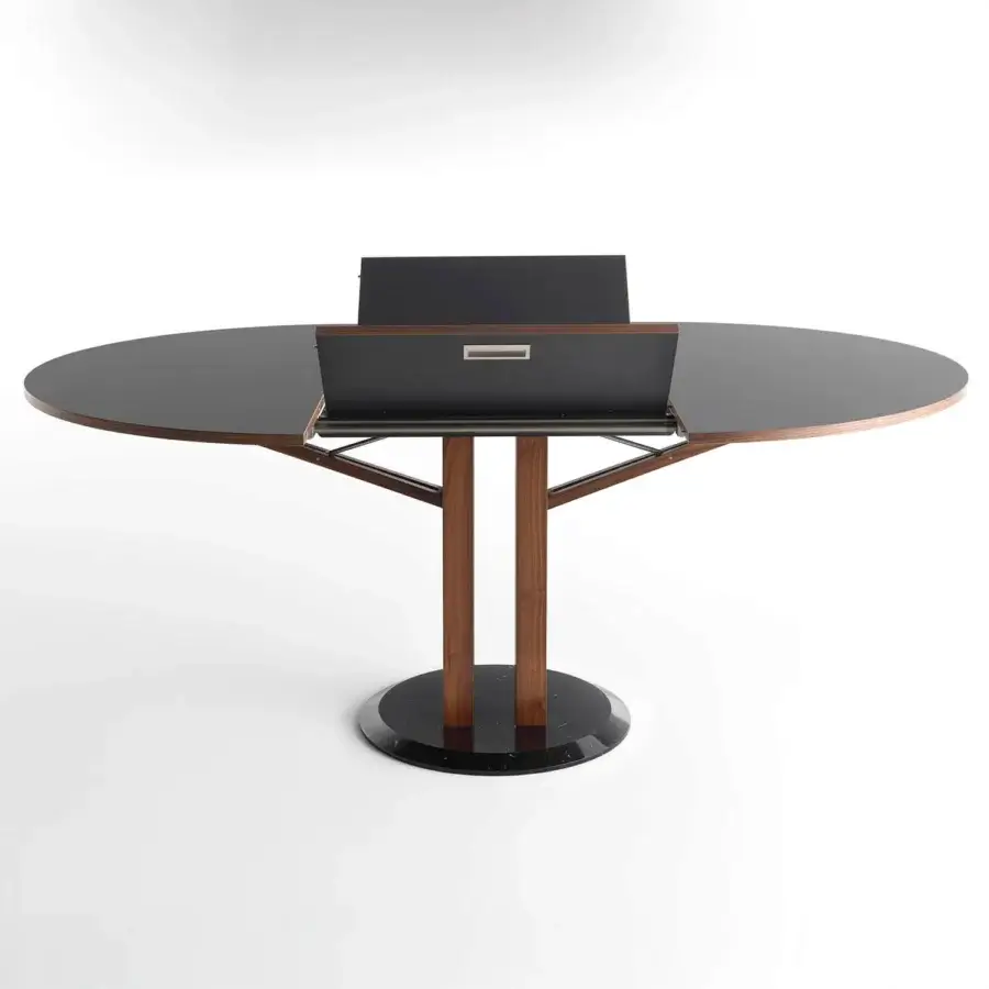Superior Horm Flower extendable table with dark glossy Fenix tabletop, Canaletto walnut edging and striking marble base