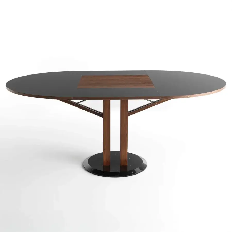 Elegant Horm Flower extendable table with Fenix tabletop, Canaletto walnut leaf and legs, plus a marble base with dark matte finish